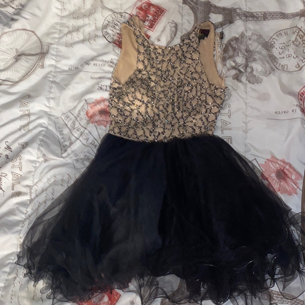 Jeweled too/fluffy bottom dress. Beige/brown and black